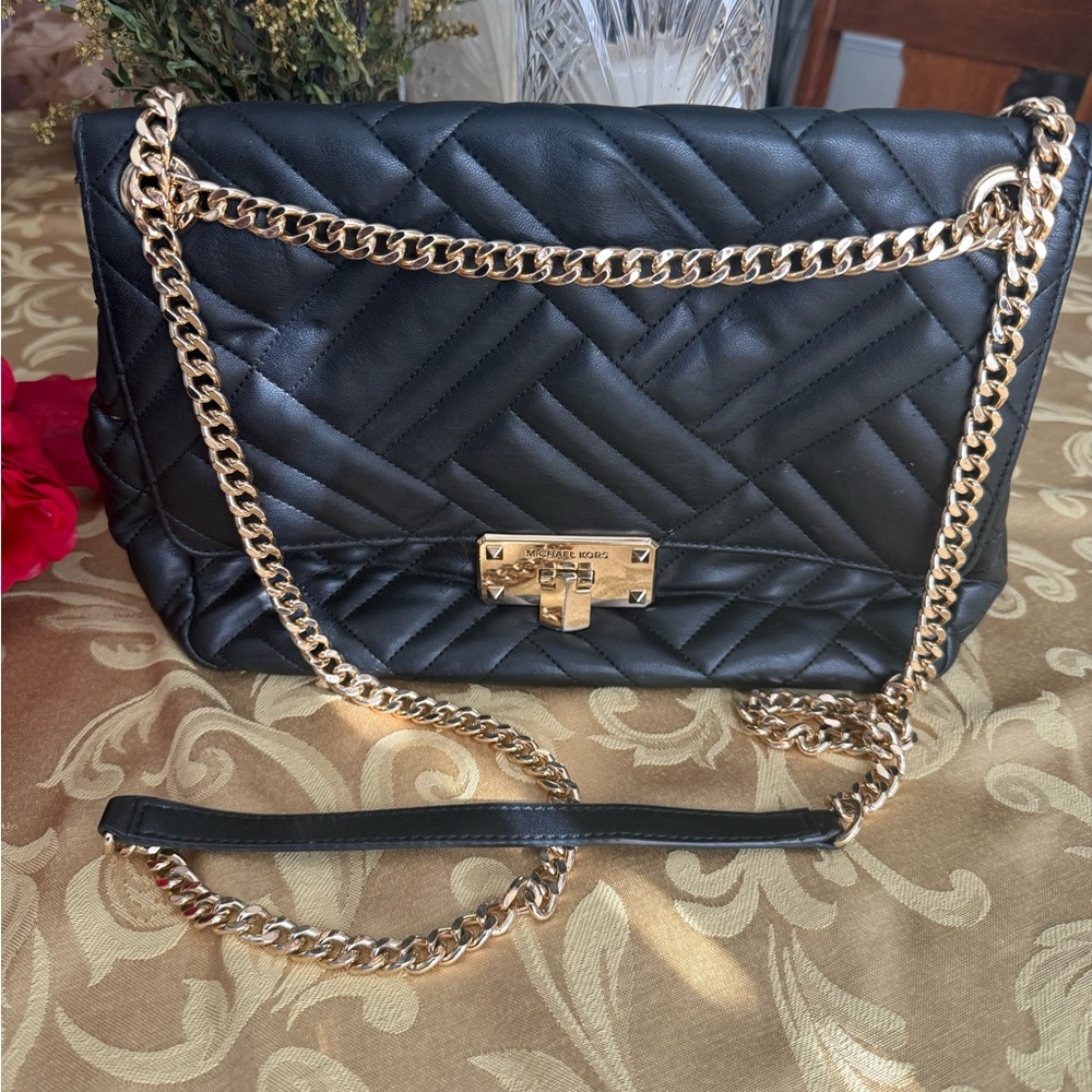 MICHAEL Michael Kors Black Quilted Shoulder Bag with Gold Chain